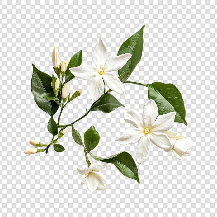 PSD flor de jasmim branca com folha verde isolada em fundo transparente