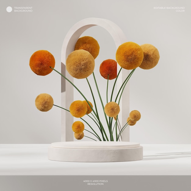 flor de mimosa e arco 3d renderizando fundo transparente de pódio de cilindro bege em quadrado