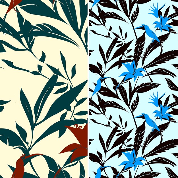 PSD flor de heliconia de patrón sin costuras con silueta de iguana y arte de contorno de collage de diseño minimalista