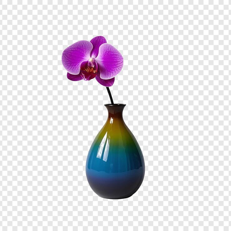 PSD flor de orquídeas diseño moderno jarrón largo y colorido aislado sobre un fondo transparente