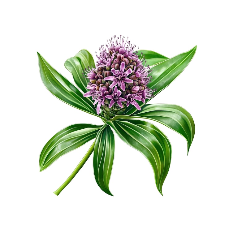 PSD flor púrpura con hojas verdes