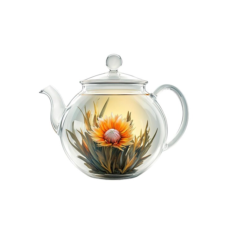PSD la flor del té en la tetera de vidrio es una exquisita infusión de hierbas