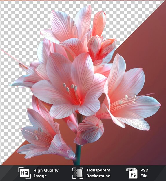 PSD flor tuberosa transparente con pétalos rosados y blancos sobre un fondo rojo