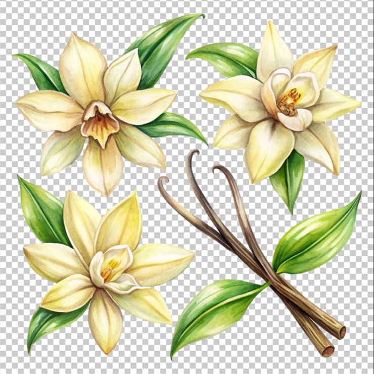 PSD flor de vainilla frijoles secos orquídea aislada sobre un fondo blanco ilustración en acuarela de flora