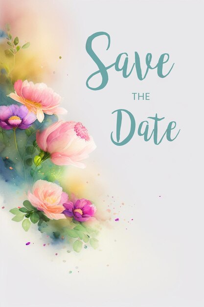 PSD flor de verano colorida guarde la fecha anuncio de boda de agosto flores de acuarela de ensueño guarde el padre