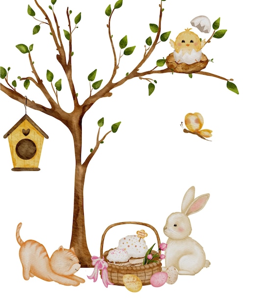 Floral Farm Friends Aquarela Coelhinho Gatinho e Galinha Desenho de Personagem