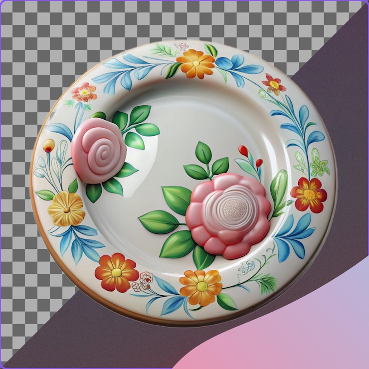 PSD floral patterned plate with pink flowers illustration