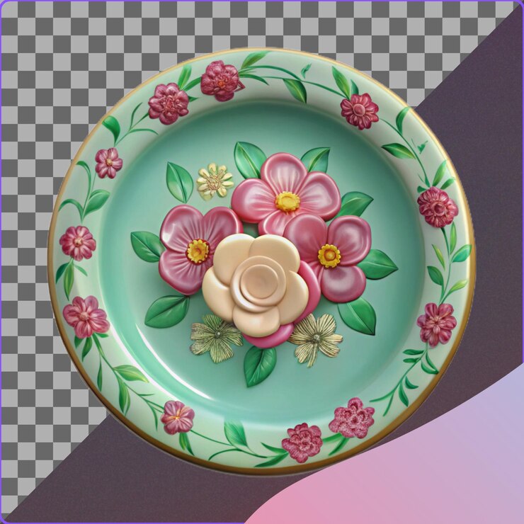 PSD floral plate with green and pink flowers
