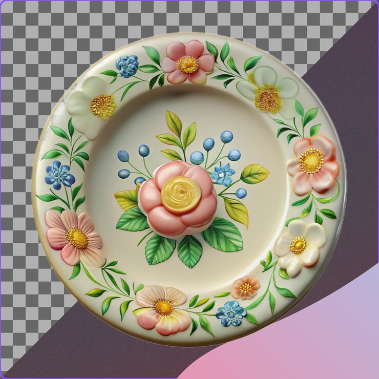 PSD floral plate with handpainted design