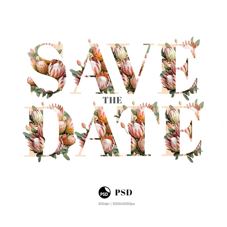 PSD floral protea salva le lettere della data