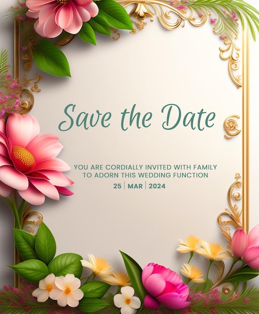 PSD floral rosa en flor marco de bodas de enero guarde la tarjeta de fecha ornamentar giros dorados y flores rosas sa