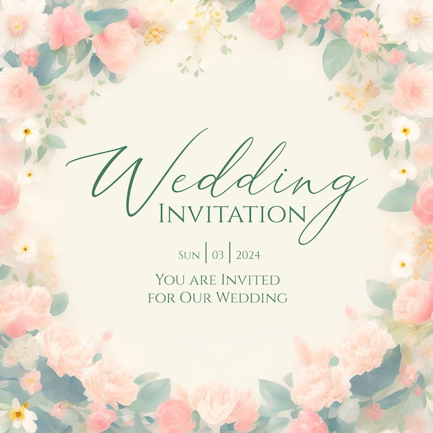 PSD florales pastel y acentos dorados invitación de boda marco de diseño flor de primavera elegancia guardar las fechas