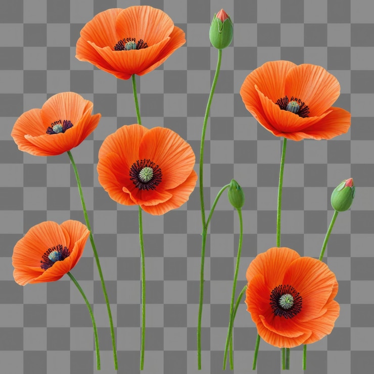 PSD flores de amapola de color aisladas sobre un fondo transparente