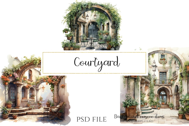 PSD flores y arquitectura del patio clipart ilustración de clipart