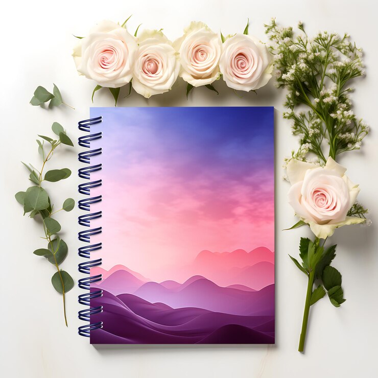 PSD flores blancas ramas hojas y cuaderno en fondo blanco