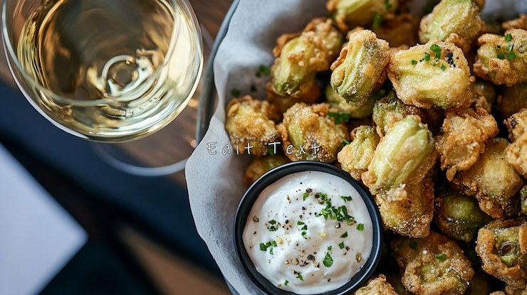 PSD flores de calabaza fritas con salsa de inmersión y vino blanco