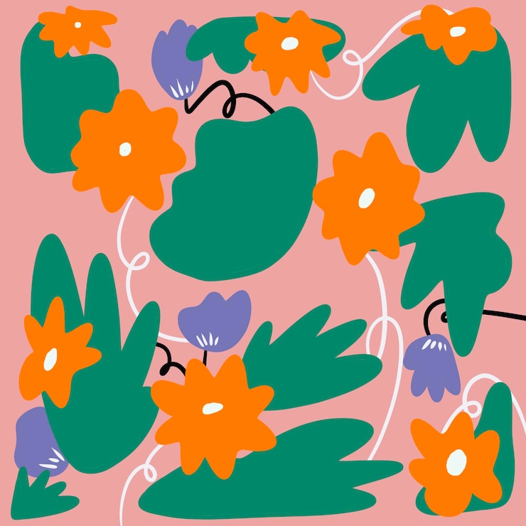 PSD las flores de color naranja con un estilo abstracto combinado con un fondo rosa le dan un toque retro.