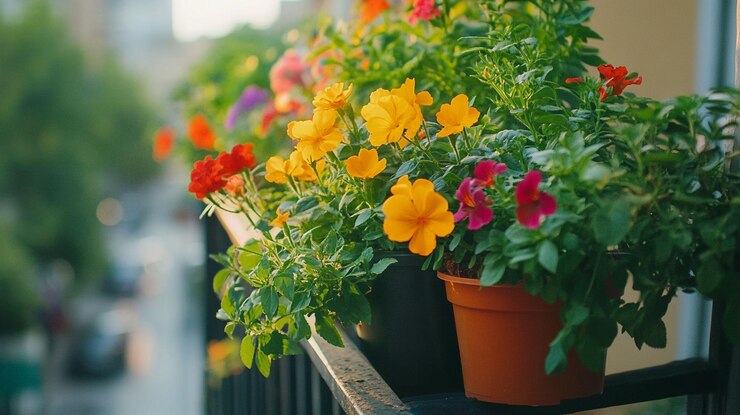 PSD flores coloridas en macetas en un balcón con vistas a una calle de la ciudad