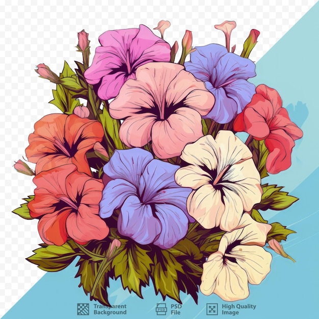 PSD flores coloridas petunias colocadas sobre un fondo transparente