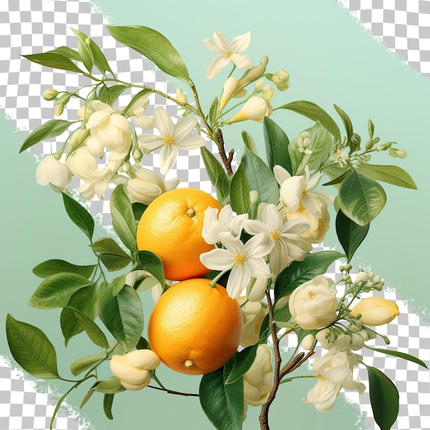 Flores de cítricos e botões de laranja florescendo na primavera contra um fundo transparente