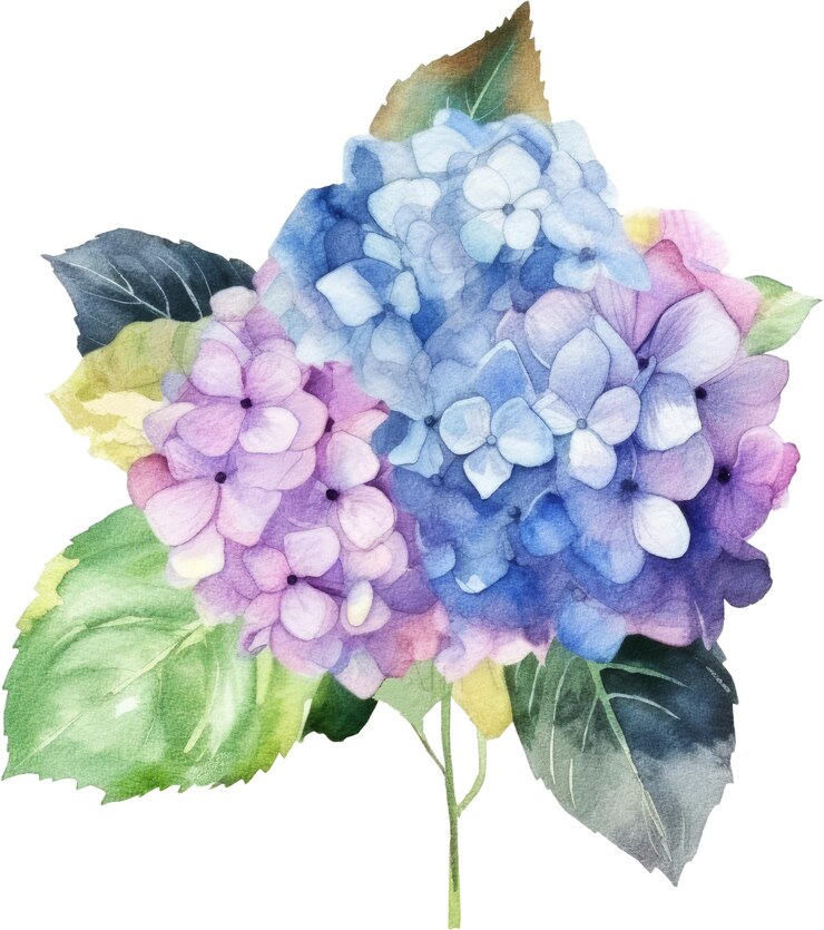 PSD flores de hortênsia aquarela azul ilustração de pintura
