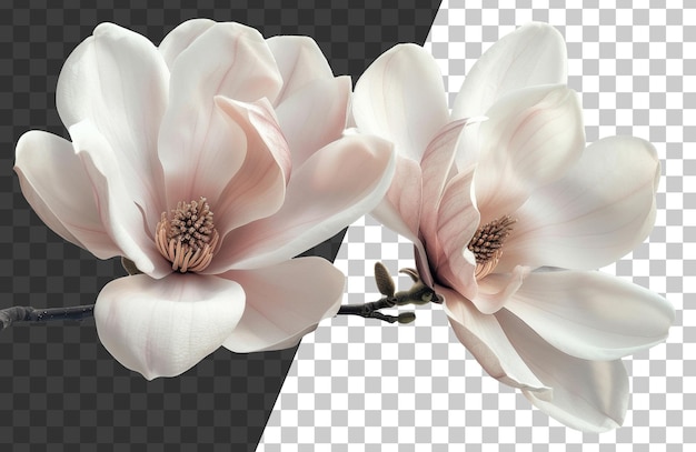 Flores de magnolia brancas suaves em plena floração em galho em fundo transparente png