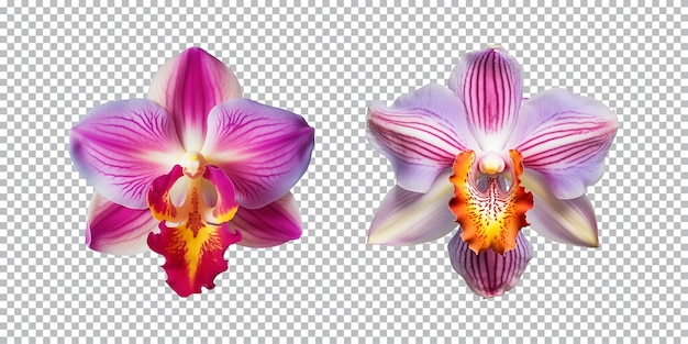 Flores de orquídeas multicoloridas em um fundo transparente png vista de cima