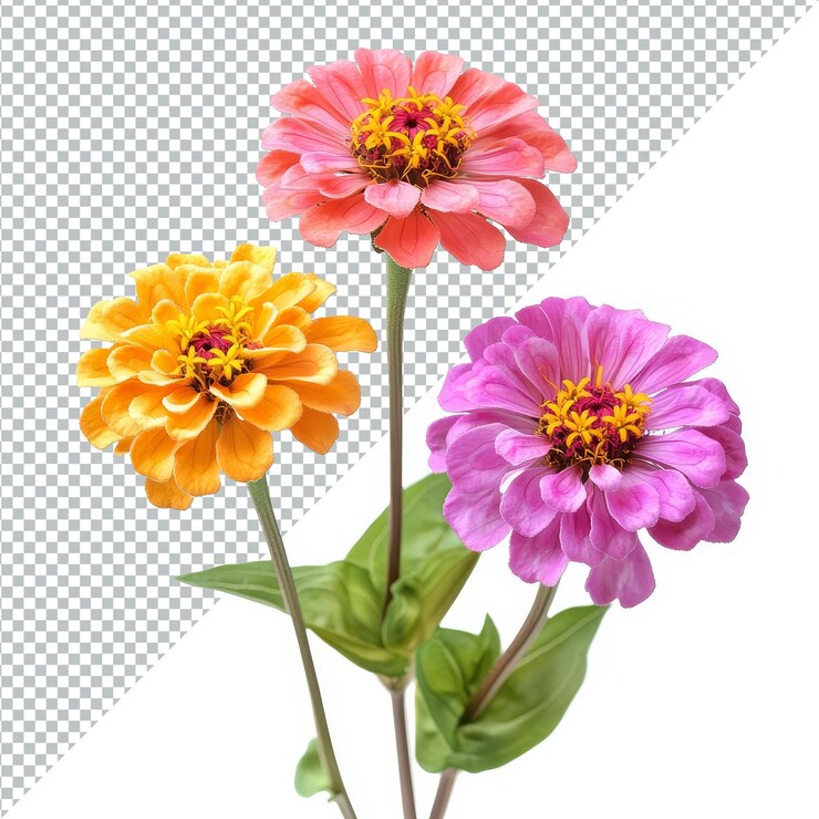 PSD flores de zínia brilhantes e vibrantes em uma variedade de cores contra um fundo transparente limpo flores de zinnia isoladas sobre um fundo transparente