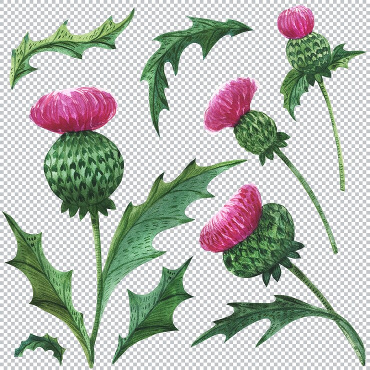PSD flores e folhas de cardo. ilustração escocesa em aquarela. o símbolo floral da escócia.