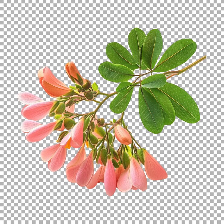 PSD flores em forma de trombeta rosa em um galho com folhas em fundo transparente
