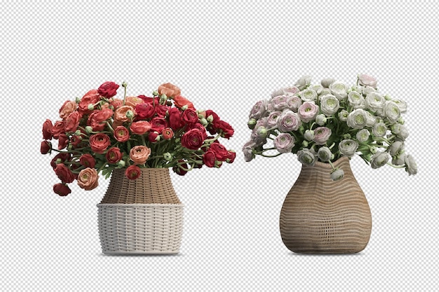 Flores em vaso em renderização 3d isoladas