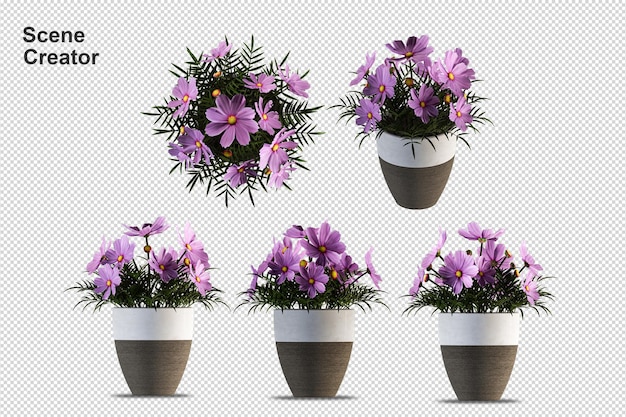 Flores em vasos de plantas em renderização 3d isoladas