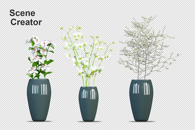 PSD flores em vasos de plantas em renderização 3d isoladas