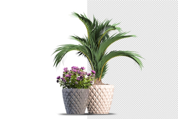 Flores em vasos de plantas em renderização 3d isoladas