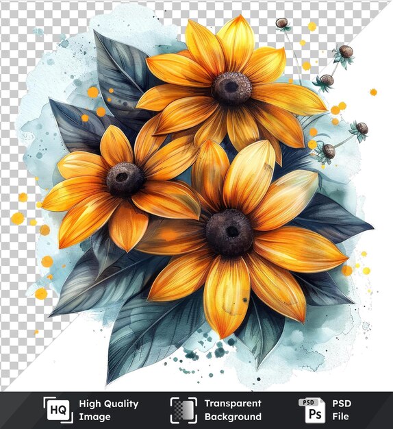 PSD flores y girasoles de acuarela psd transparentes de alta calidad clipart y hojas