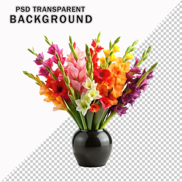 Flores de gladiolos coloridas en una hermosa olla negra con fondo transparente PSD