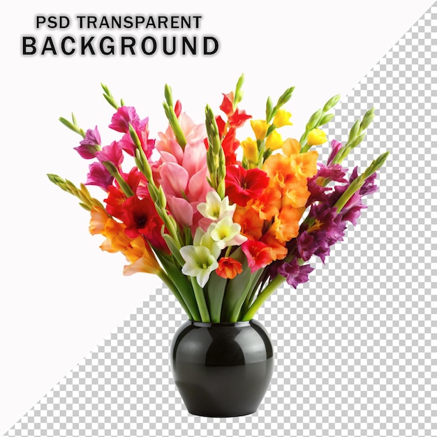 Flores de gladiolos coloridas en una hermosa olla negra con fondo transparente PSD