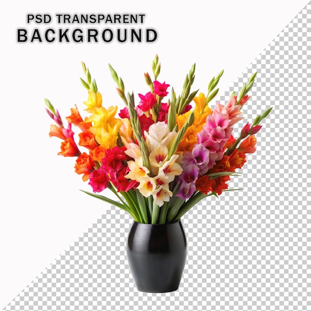 Flores de gladiolos coloridas en una hermosa olla negra con fondo transparente PSD