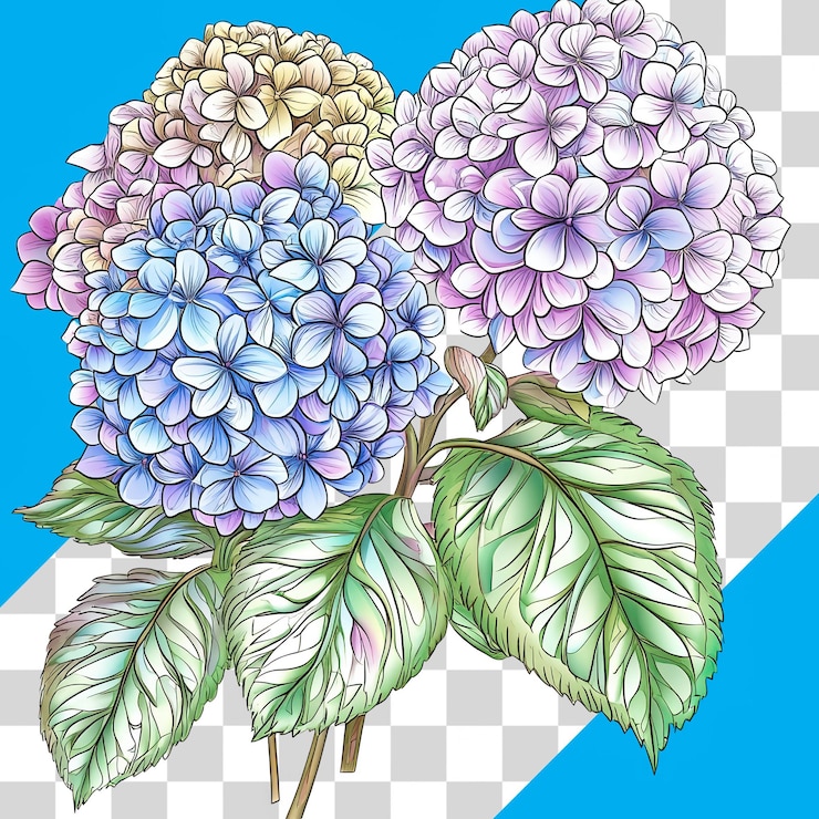PSD flores de hortensia de colores sobre un fondo transparente
