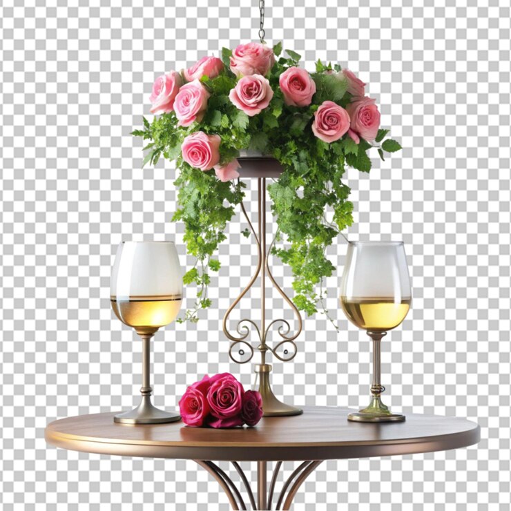 PSD flores con lámpara y mesa sobre un fondo transparente