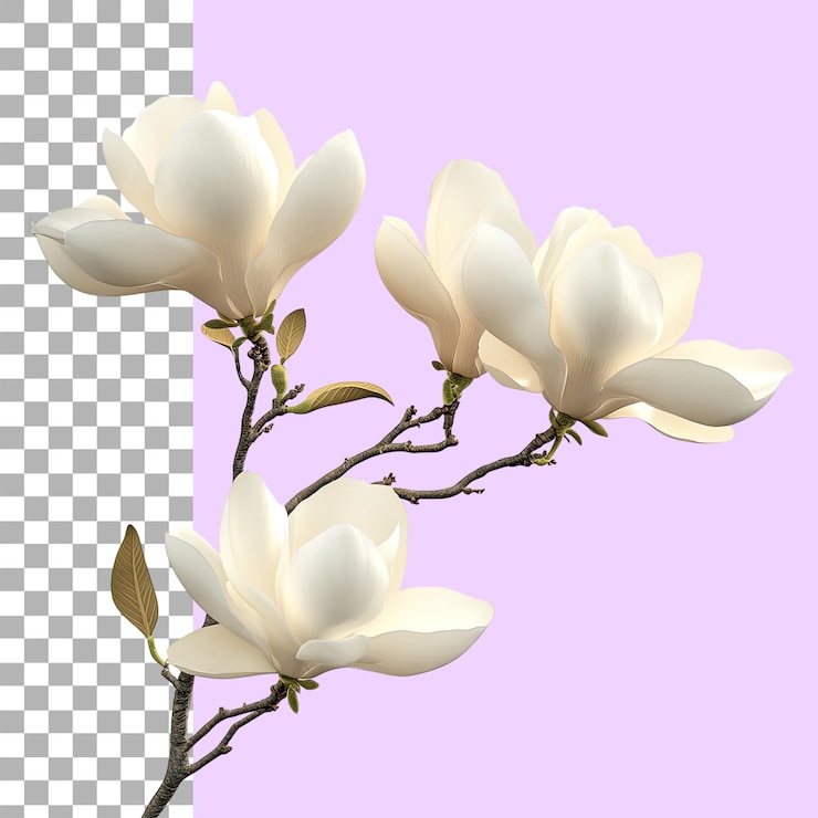 PSD flores de magnolia blancas en una rama aisladas contra un fondo blanco png
