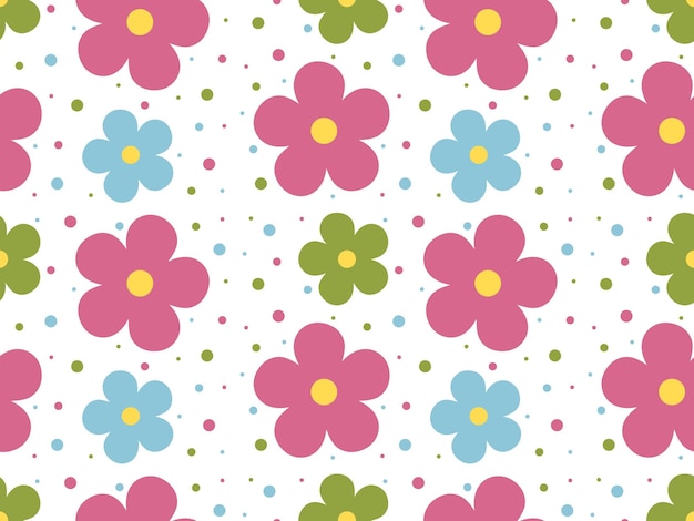 Flores multicoloridas e pontos polka em estilo plano repetindo padrão de matriz