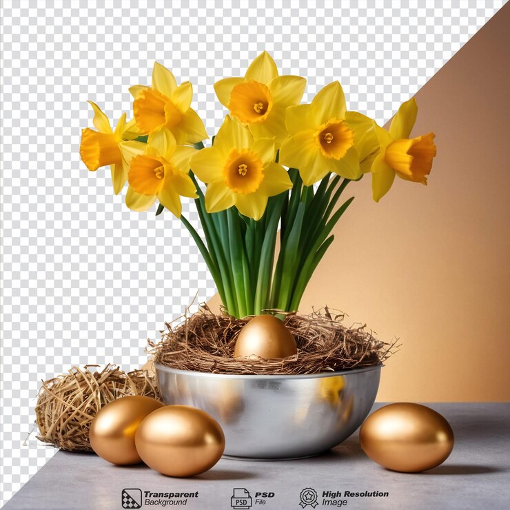 PSD flores de narcisos en un jarrón de aluminio con un grupo de huevos de pascua envueltos en oro en un nido de pájaros aislado