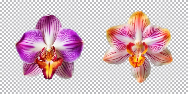 Flores de orquídeas multicolores en un fondo transparente png vista de arriba