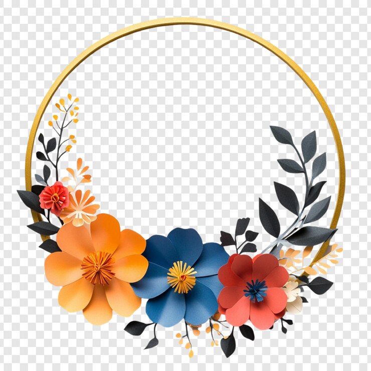 PSD flores de papel vibrantes en un marco circular dorado un hermoso arreglo floral para proyectos de diseño invitaciones de boda o tarjetas de felicitación