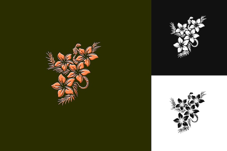 PSD flores de plumeria con formas de lagarto abstractas y diseño vectorial de ilustración creativa minimal g