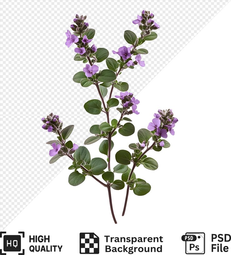 PSD flores púrpuras con hojas verdes aisladas en un fondo transparente