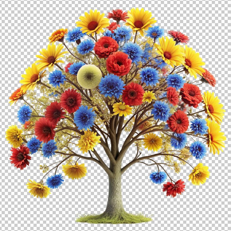 PSD flores rojas amarillas azules en el árbol en