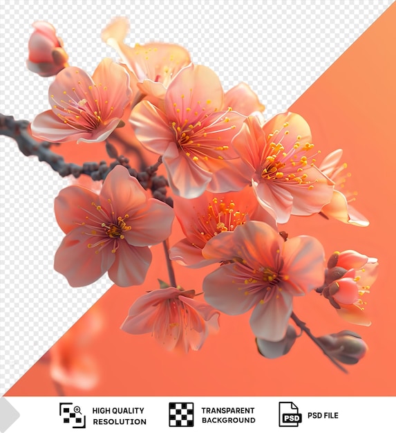 PSD las flores de sakura rosadas frescas florecen en una rama contra un fondo naranja png