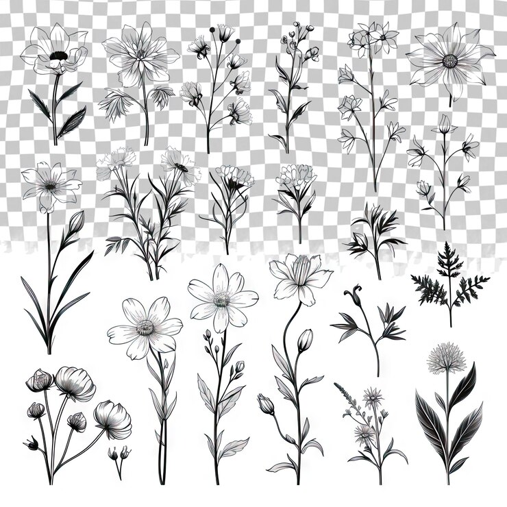 PSD flores selvagens coleta de vetores ervas plantas com flores herbáceas flores com flores sub-arbustos isolados